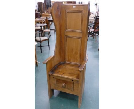 Reclaimed pine high backed hall chair with drawer to base, height 146 cm, width across arms 58 cm, seat height 48 cm