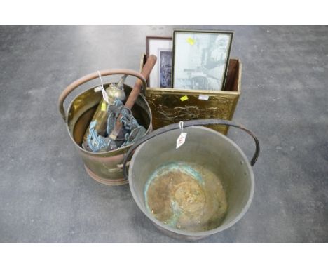 Brass jam pan, copper coal helmet, brass covered magazine rack, fire extinguisher, poser, pictures etc
