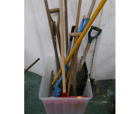 Bundle of garden tools, forks, rakes etc  