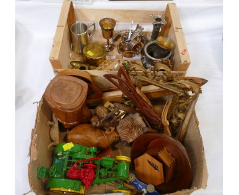 Two boxes of wooden ornaments, brassware, candlesticks, Ertl Waterloo Boy tractor    
