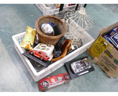 Ornamental bird cage, wicker bin, model cars etc 