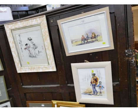 Two watercolours of people signed by Ania and oriental print