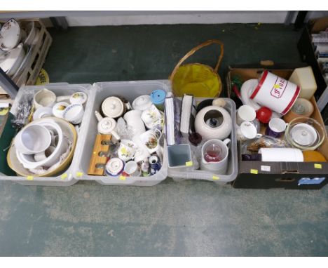 Four boxes of kitchenware, cups, saucers, vases, cookbooks etc