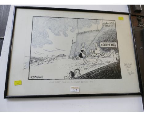 Original Bill Caldwell cartoon of a nudist beach "Your First Time On A Nudist Beach Too?"
