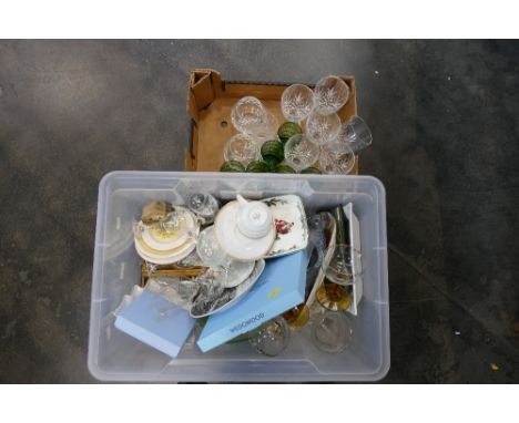Two boxes of glassware, plates, cups, saucers etc 