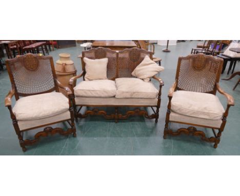 Bergere backed suite, two chairs and two seater settee, height 90 cm, chair width across arms 60 cm, seat height approx 43 cm