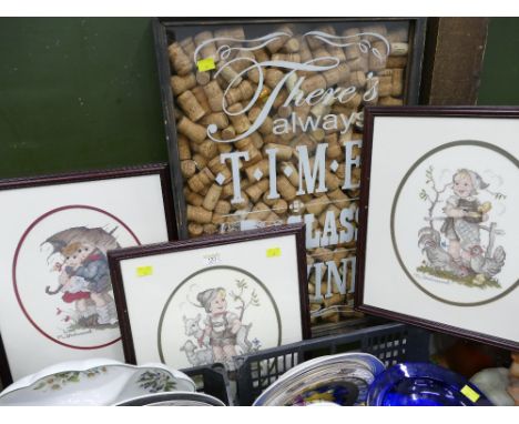 Three tapestry Hummel pictures and a cork filled wall hanging