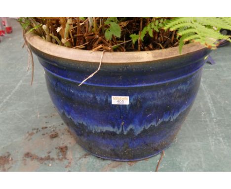 Large blue glazed garden planter, height 34 cm