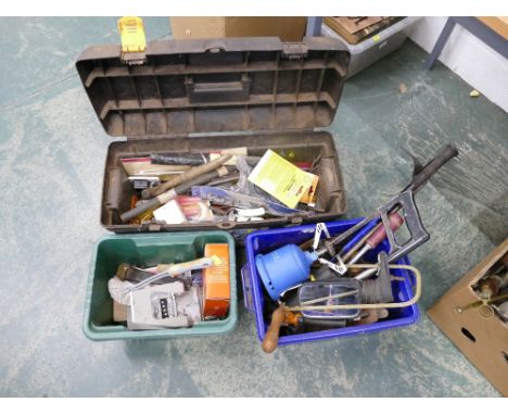 Toolbox and two boxes of tools including hammers, pliers, screwdrivers etc 