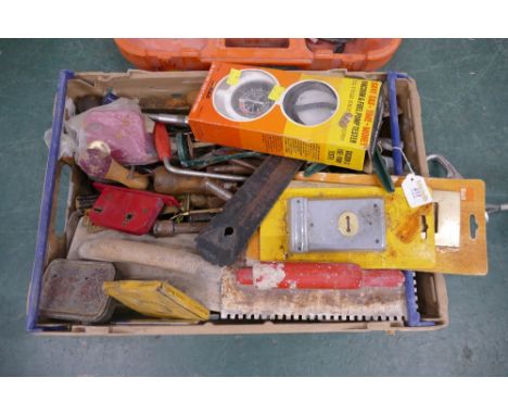 Box of tools, saws, chisels, drill bits etc