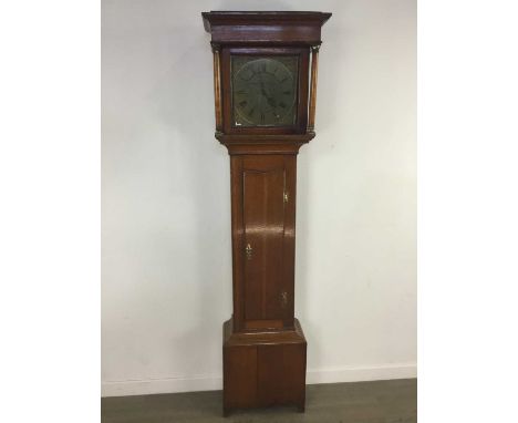 GEORGE III OAK LONGACSE CLOCK,by Thomas Malone of Bawtry, with two train eight day movement, the brass chapter ring with Roma