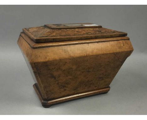 19TH CENTURY BURR CADDY, 26cm wide, a rosewood caddy with fitted interior and mixing bowl and a further box (3)