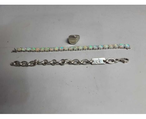 SILVER BRACELET BY CALVIN KLEIN, 15cm long, together with an opal set silver bracelet and a Spanish silver signet ring (3)