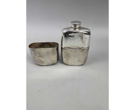 SILVER PLATED HIP FLASK,along with two table lighters, a carved pipe, six ceramic nip glasses, a pair of tapersticks, plated 