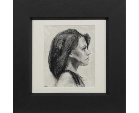 MAXINE MACKIE,SELF PORTRAITcharcoal on paper, signed, titled label versoimage size 22cm x 19cm, overall size 41cm x 41cm Moun