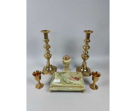 PAIR OF BRASS CANDLESTICKS,30cm high, along with an onyx table lighter, onyx jewellery box and two brass miniature goblets (6
