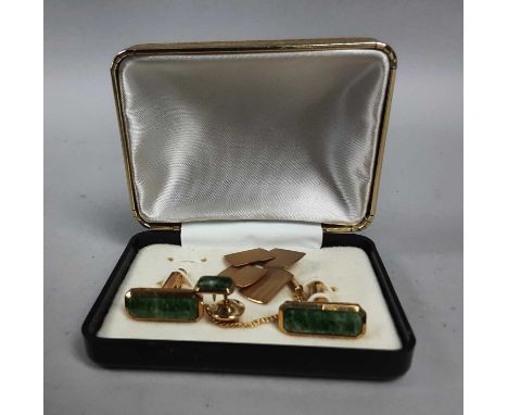 PAIR OF NINE CARAT GOLD AND FURTHER GOLD TONED CUFFLINKS,together with tie clips and studs, majority boxed