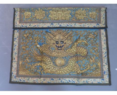 Blue ground gold thread embroidered textile with a dragon and the pearl of flames, Chinese 19th Century, 80 x 104 cm 