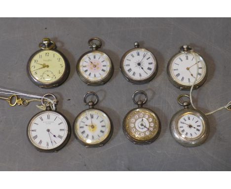 A collection of various silver and white metal and brass cased female pocket watches, set with white enamel dials and Roman a