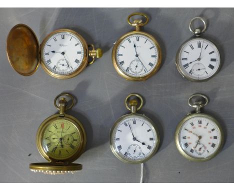 A collection of various silver and white metal and brass male cased pocket watches, set with white enamel dials and Roman num