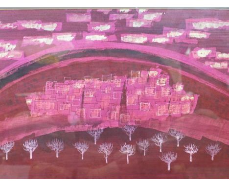 Talbot Hicks, abstract painting of a town with trees to foreground, in deep pinks, paler pinks and white, watercolour, in gla