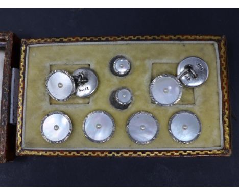 Silver and Mother of Pearl Oval Cufflinks and Dress Shirt Studs Set, 1930's 