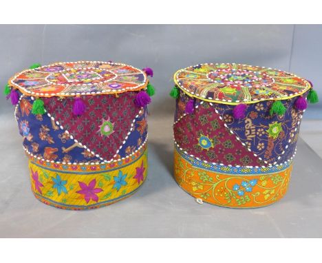 Two bohemian patchwork vintage Indian pouffes, Foot Stool or Floor Pillow, H.36 x D. 40cm 