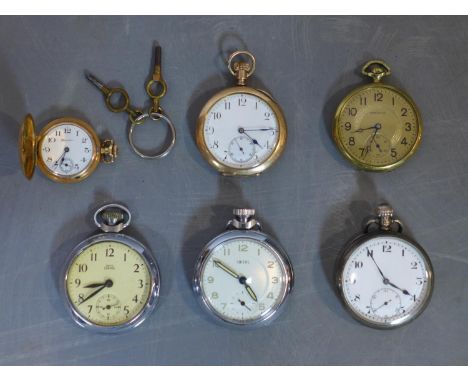 A collection of various silver and white metal and brass cased male pocket watches, set with white enamel dials and Arabic nu