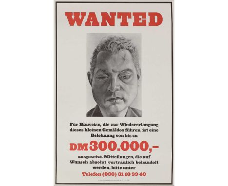 *Lucian Freud OM CH (1922-2011)'Wanted, Portrait of Francis Bacon', 2001poster printed in black and red85 x 60cmIn 1988, Freu