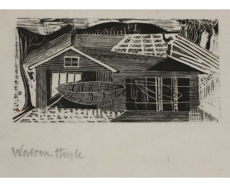 *Walter Hoyle (1922-2000)The Boathouse; wood engraving, signed in pencil l.l.6.2 x 12cm;and another,Abstract designwood engra