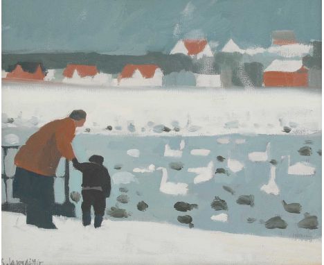 *Karolina Larusdottir RWS (Icelandic, 1944-2019)'Feeding the swans'signed l.l., also signed, inscribed and dated 1995 verso, 