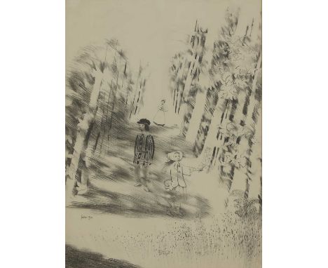 *Mary Fedden RA (1915-2012)Figures in a wooded landscapesigned and dated 1971 l.l., pencil65 x 46cm*Artist's Resale Right may