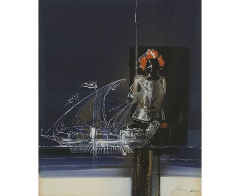 *Emvin Cremona (Maltese, 1919-1987)A knight and a longboatsigned and dated 'Malta '74' l.r., mixed media63 x 50cm*Artist's Re