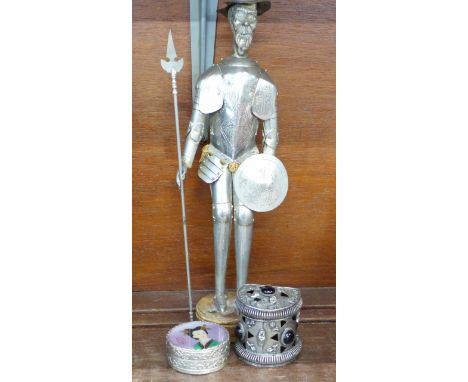 A metal figure of soldier in armour and two lidded boxes, one with oriental portrait