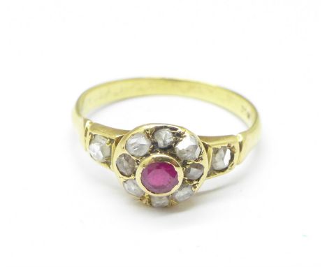 An 18ct gold, ruby and rose cut diamond ring, 2g, M