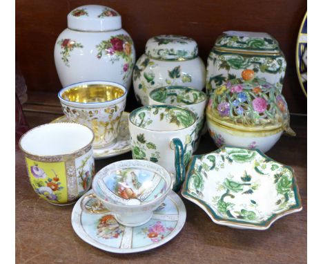 A Royal Albert Old Country Roses ginger jar and cover, Mason's Chartreuse ginger jar, tea caddy, mugs and dish and other deco