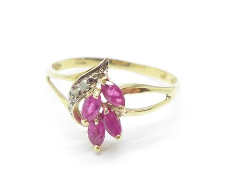 A 9ct gold, ruby and diamond ring, 1.1g, O