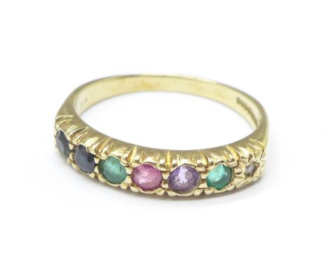 A 9ct gold, multi-coloured stone set 'Dearest' ring, set with diamond, emerald, amethyst, ruby, etc., 2.4g, O