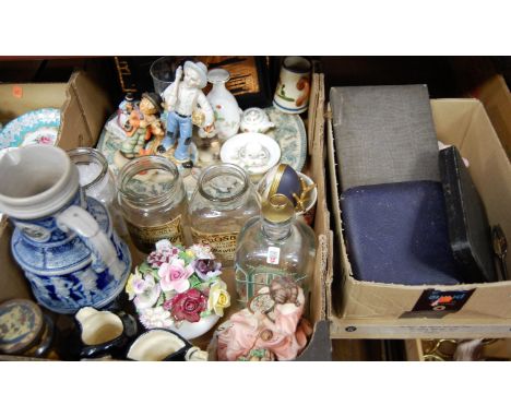 Two boxes of miscellaneous items, to include; Royal Doulton Tam O'Shanter and Gaoler character jugs, Goebel figure, German po