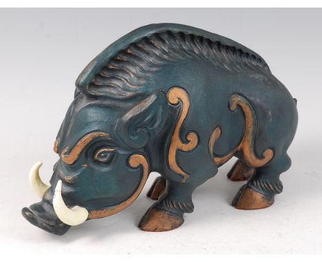 A contemporary cold painted metal model of a Celtic wild boar, of stylised standing form, after a model by Simant Bostock, h.