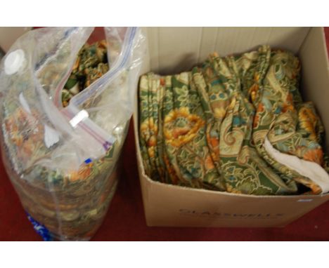 A collection of soft furnishings, to include; William Morris patterned curtains, hand-stitched crossneedle cushion etc    Con