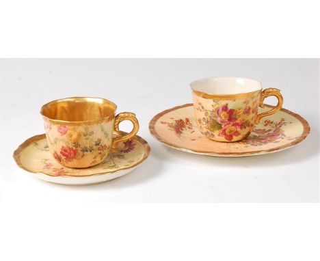 A Royal Worcester blush ware tea cup and saucer, puce mark date code circa 1899, saucer diameter 13.5cm, together with one ot