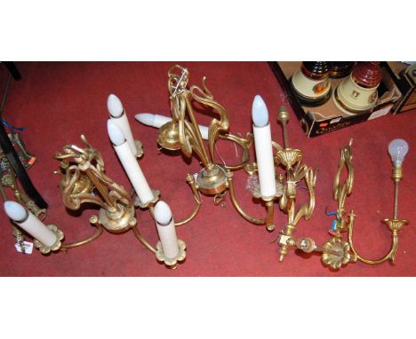 A pair of Art Nouveau style brass twin sconce wall light fittings; together with one other similar pair (4)