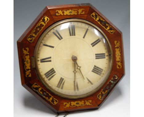 An early Victorian rosewood and cut brass inlaid postmans alarm clock, having a painted dial with Arabic numerals