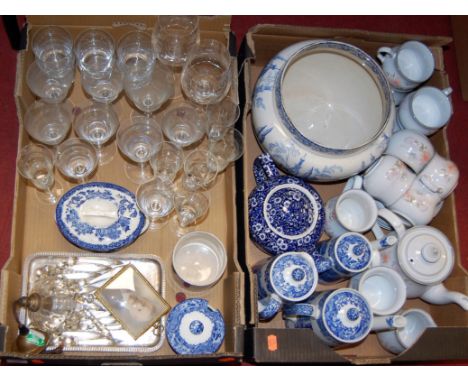 *Two* boxes of miscellaneous china and glassware, to include; large blue and white transfer decorated jardiniere, Denby stone