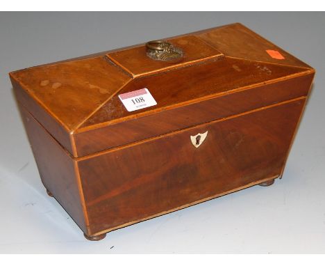 A late George III mahogany and boxwood strung tea caddy, of sarcophagus form, on bun feet, w.28cm