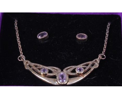 A modern silver and amethyst set Celtic inspired necklet; together with a pair of ear studs (2) 