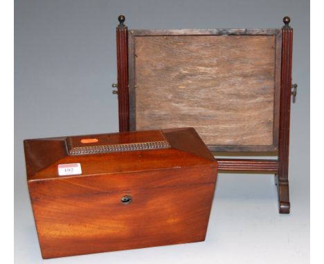 An early Victorian mahogany tea caddy, of sarcophagus form; together with an Edwardian mahogany swing framed toiletry mirror 