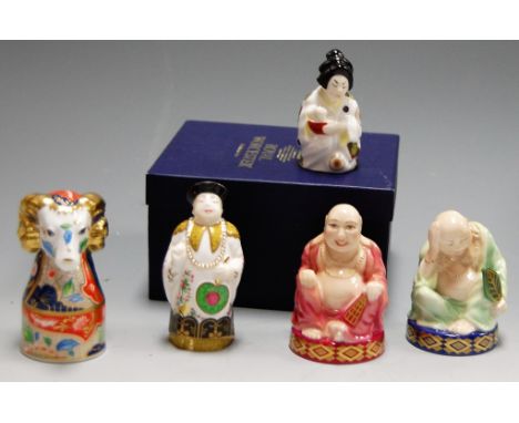 Five various Royal Worcester figural candle snuffers, comprising Mandarin, Smiling Buddha, Japanese Girl, Sleeping Buddha, an