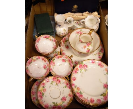 A box of miscellaneous items to include a Doulton Burslem part tea service on a white ground with pink cabbage rose decoratio